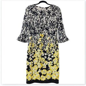 Black Yellow Floral Sheath Dress Size 10 Three Quarter Sleeve